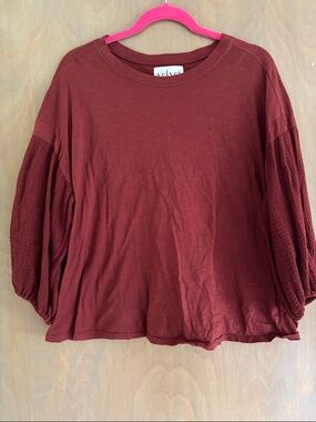 Velvet Burgundy Balloon-Sleeve Long Sleeve Top